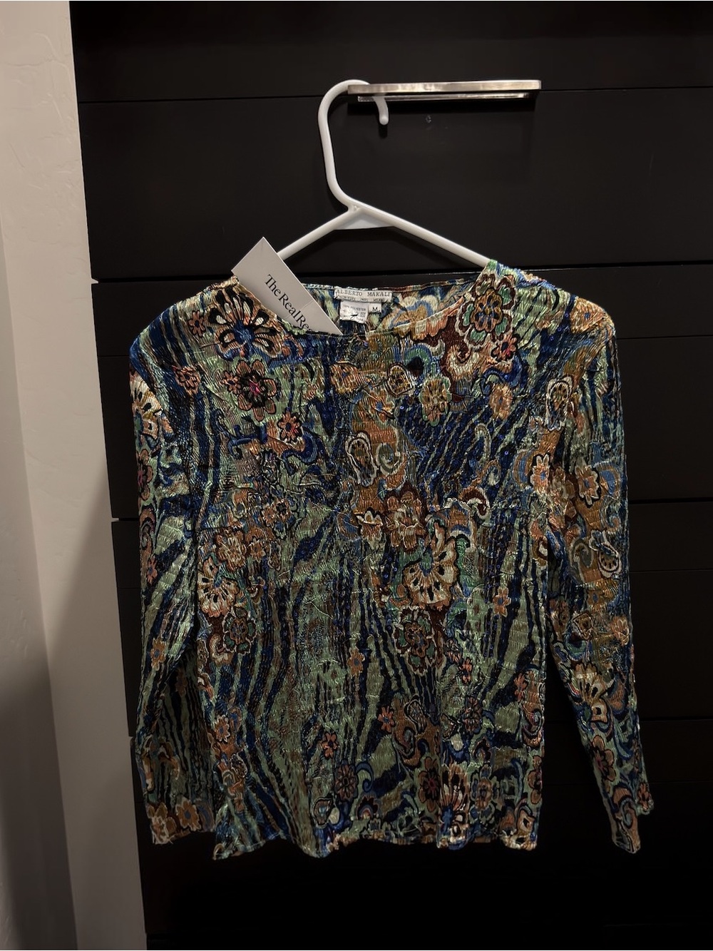 Alberto Makali Metallic Floral & Abstract Long Sleeve Top in Blue, Green & Gold